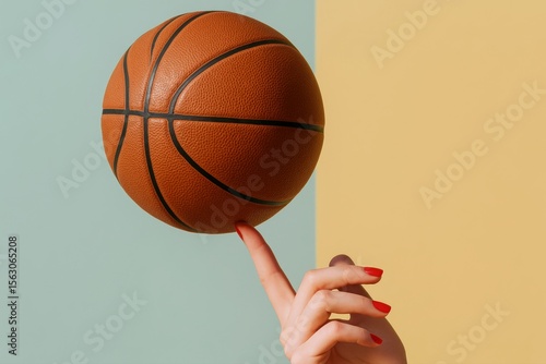 Stylish red painted nails balance a textured basketball against a trendy pastel background, showcasing skill and vibrant energy.