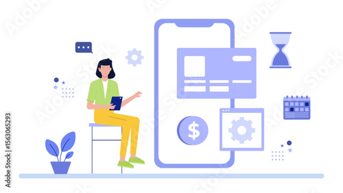 Woman managing finances on mobile app. Suitable for financial blogs, app developers, banking websites, and technology companies marketing materials.