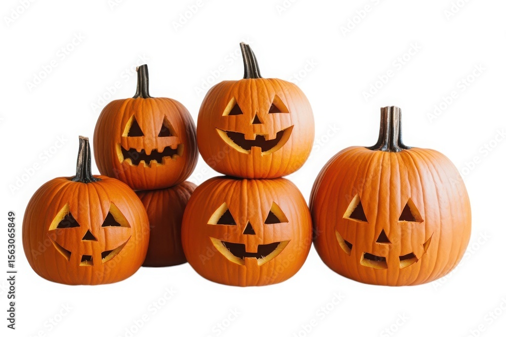 A group of carved halloween jack o lanterns with spooky faces isolated on white background A group of carved halloween jack o lanterns with spooky faces isolated on white background