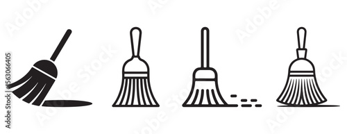 Collection of four broom icons representing cleaning and sweeping actions isolated on white background