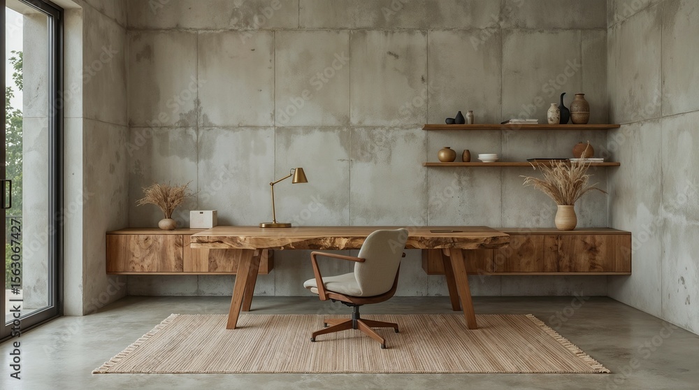 Wabi-sabi home office with live edge wooden desk and concrete wall backdrop Wabi-sabi home office with live edge wooden desk and concrete wall backdrop