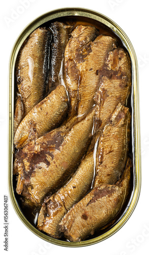 Open tin of smoked sardines in oil with goldenbrown, flaky fish, shiny texture, and preserved seafood appearance on a black background