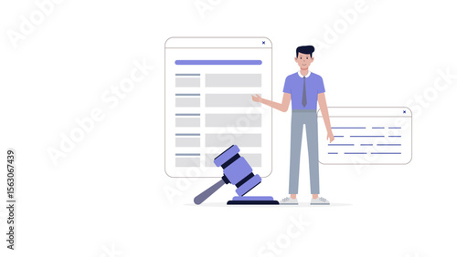 Man explaining online legal forms and a gavel. Suitable for legal consultation services, online legal platforms, law firms, and virtual courtrooms.