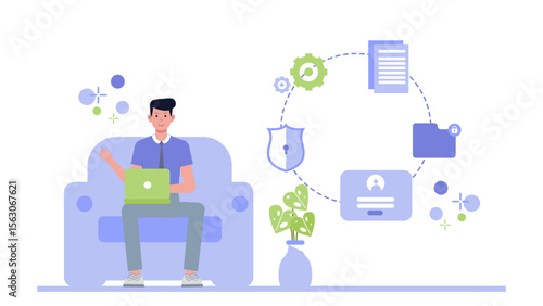 Man on couch using laptop for secure data. Suitable for online security, internet data protection, remote work, and digital privacy concepts.