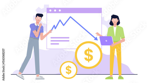 Two people analyzing a declining financial graph suitable for financial crisis, business failure, investment losses, economic downturn concepts.