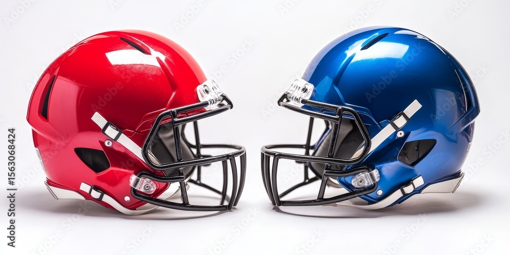 Fototapeta premium Football Helmets Facing Off on White Background