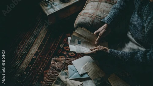 Elderly person reading old letters and postcards