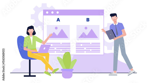 Ab testing illustration of two people analyzing website designs. Suitable for web development articles, marketing presentations, and data analytics blogs.