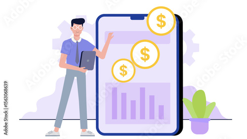 Man using a mobile app to track finances. Suitable for financial technology concepts, budgeting services, personal finance apps, and online banking themes.