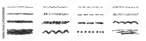 Hand drawn crayon scribble lines. Doodle chalk marker line stripes collection. Wavy chalk texture underlines. Handmade brush scribble dividers. Vector illustration isolated on white background.