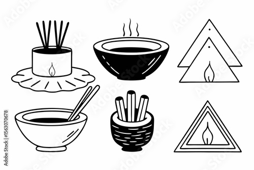 Minimalist Ritual Icon Set Incense Burner Bowls and Spiritual Elements