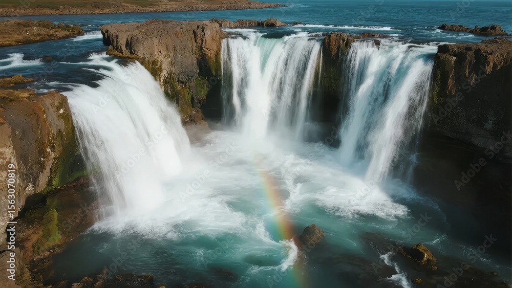 Fototapeta premium Spectacular Waterfall with Rainbow Over Rocky Terrain