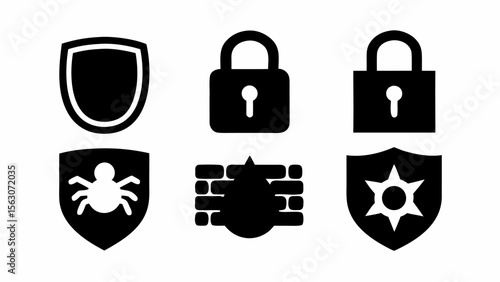 A collection of security icons including shields locks walls and spider emblems arranged symmetrically