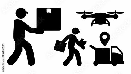 Delivery service concept showing drone truck and people carrying packages in silhouette style illustration