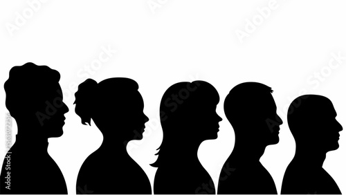 Silhouette profiles of five people in a row against a white background in a side view illustration
