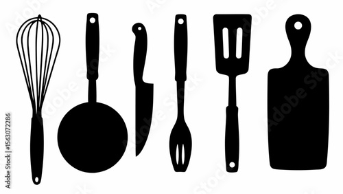 Silhouette depiction of kitchen utensils including a whisk, ladle, knife, and cutting board tools