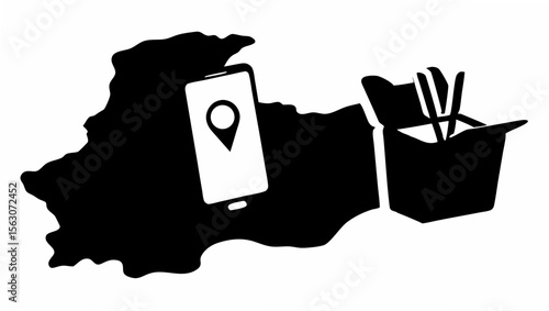 Black silhouette of land with a mobile phone showing location and takeout box with chopsticks nearby