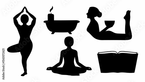 Silhouette illustration featuring yoga poses, bathtub with candle, and person reading a book, all in black