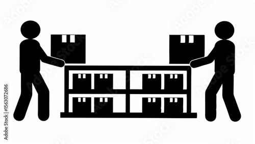 Two stick figures moving a shelf with boxes on it and boxes on the shelf in a black and white image
