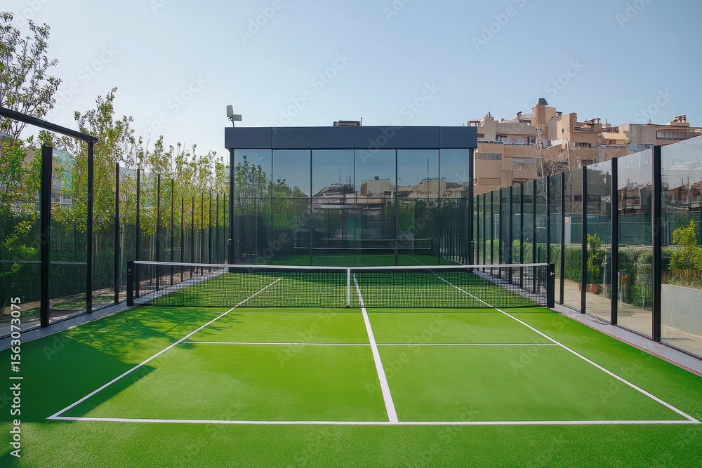 Fototapeta premium Padel tennis court with green turf, glass walls, and a net, outdoors. Great for sport related articles, activity promotion, or sports center ads.
