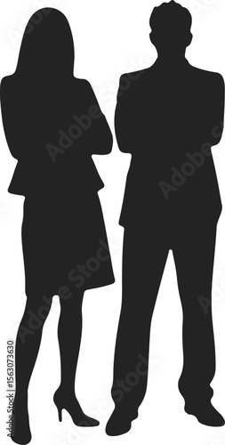 Silhouettes of a man and woman in business attire standing with arms crossed