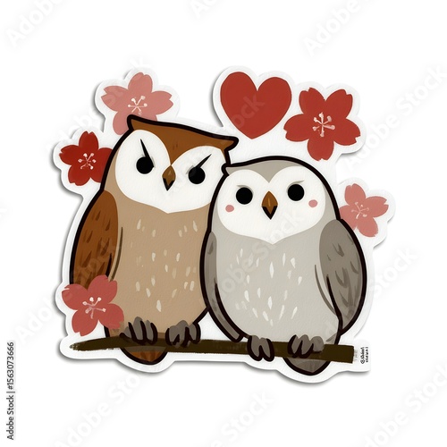 Cute Love Owls Sticker-Style Illustration