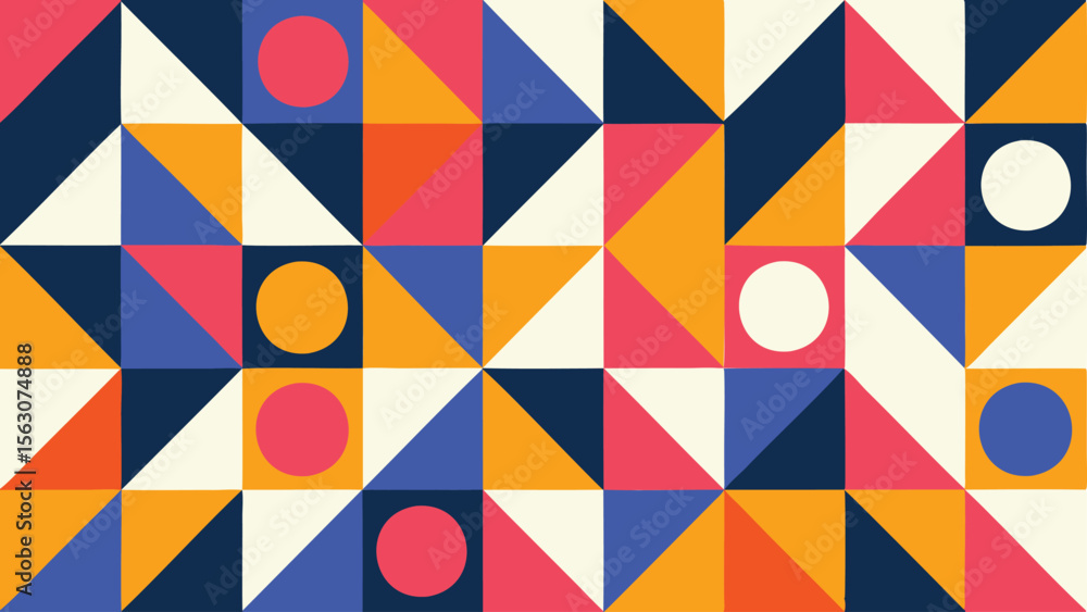 Geometric pattern featuring triangles squares and circles in a colorful arrangement design work art