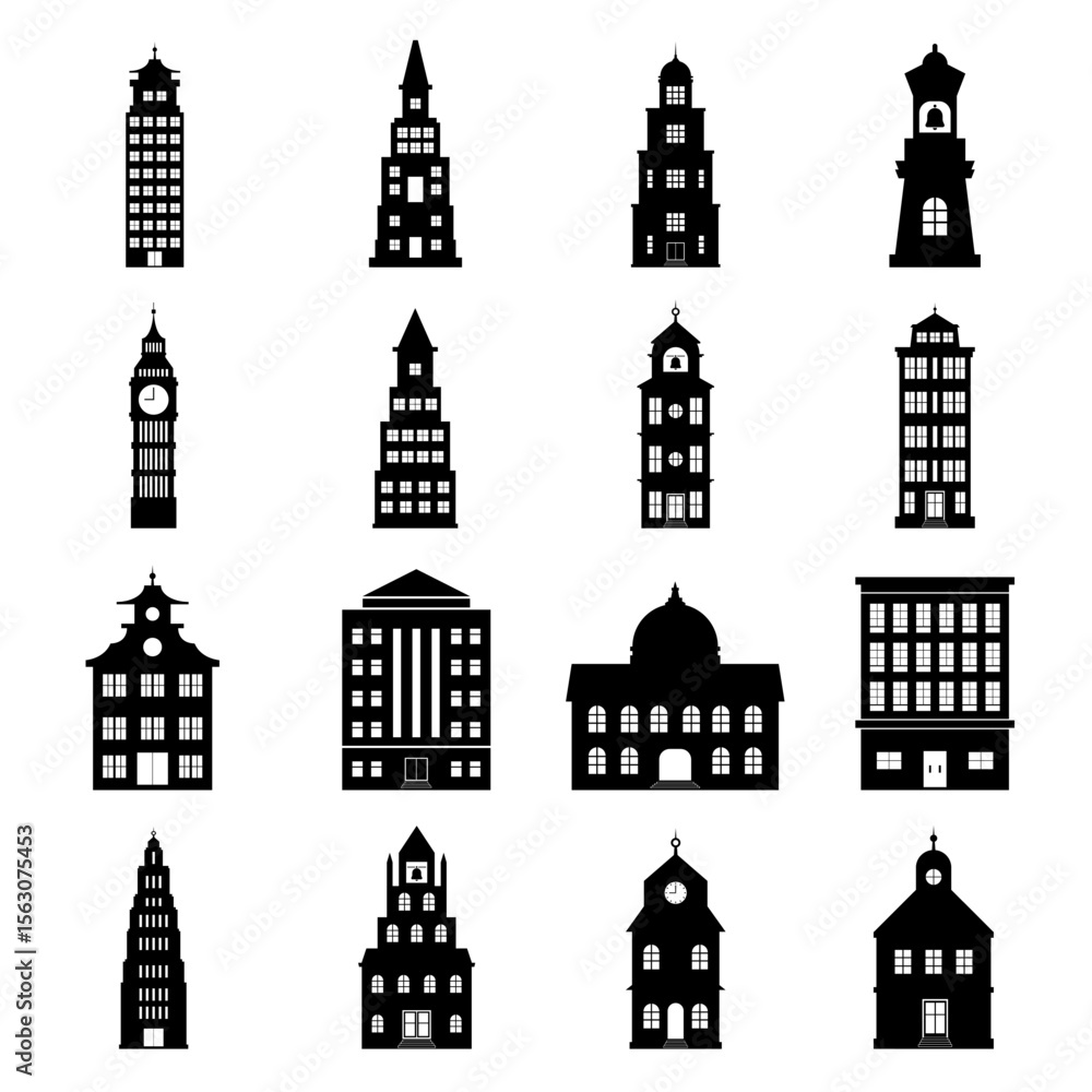 Fototapeta premium Set of city buildings. Building vector black and white