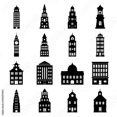 Set of city buildings. Building vector black and white