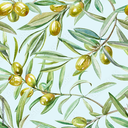 olive freshly picked branches with Green leaves and ripe fruit hand drawn watercolor illustration isolated on light blue. Natural botanical seamless pattern for food, harvest design, fabric, wallpaper