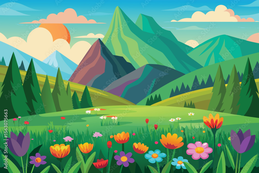 Fototapeta premium flower field with green mountain spring landscape