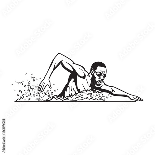 Black and white illustration of a swimmer executing a freestyle stroke in the water
