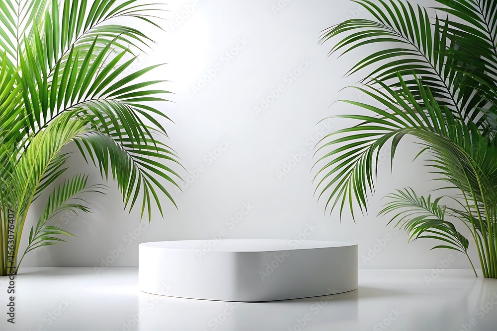 Fototapeta premium White pedestal with a palm tree on each side
