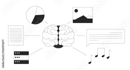 Brain with data input sources line illustration concept. AI cognitive neural activity with visual, musical, textual, analytic elements outline 2D objects isolated. Ink linear metaphor vector art
