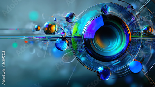 Futuristic abstract image of a high-tech camera lens surrounded by orbiting spheres, symbolizing technology, data science, and innovation.