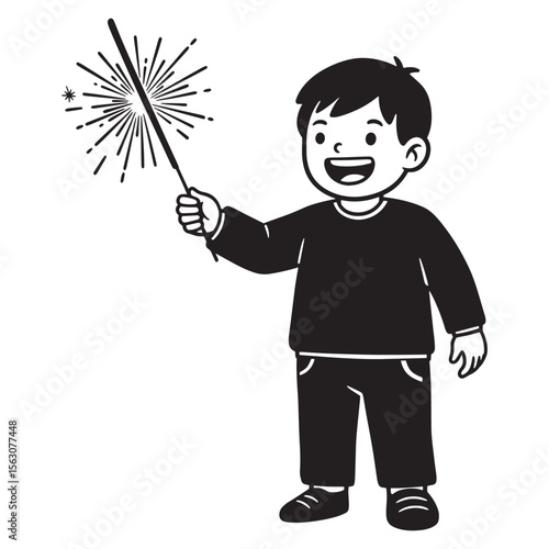 Cheerful boy holding sparkler celebrating festive season in black and white illustration