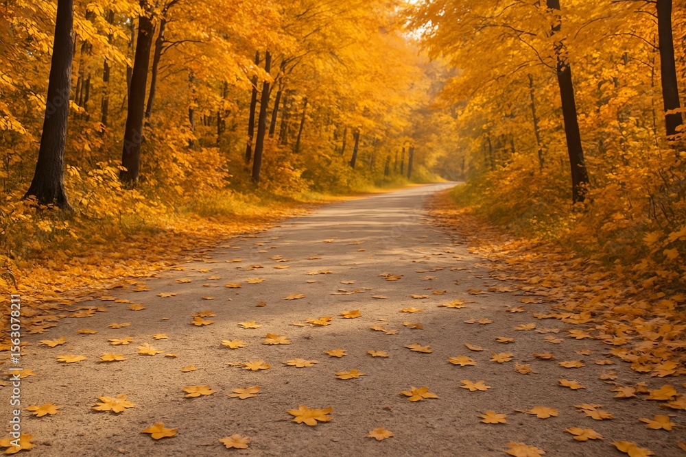 Fototapeta premium Symmetrical Autumn Avenue with Tall Trees and Yellow Foliage