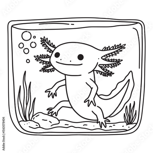 Cute cartoon axolotl swimming happily in a square glass aquarium with bubbles and plants