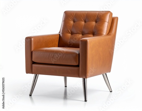 Obraz na plátně Brown leather modern and luxury armchair with metallic legs isolated on white ba