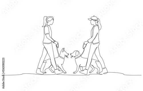 Continuous one line drawing of dog owners introducing their dogs to each other, dog meeting concept, single line art