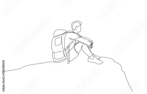 Continuous one line drawing of backpacker sitting on top of mountain enjoying nature, nature tourism concept, single line art