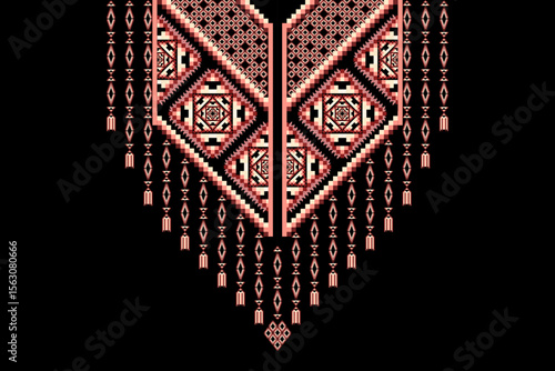 Pixel art design,traditional ethnic geometric pattern specifically crafted,garment neckline.Rich earth tones,black, peach, reddish-brown,vintage digital embroidery aesthetic apparel design,textile