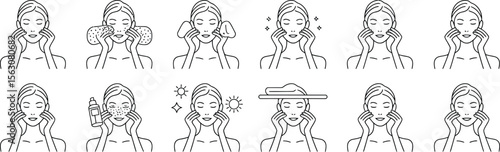 Facial Skincare and Massage Routine Icons Featuring Face Wash, Moisturizing, Massage Techniques, Beauty Steps, and Relaxation