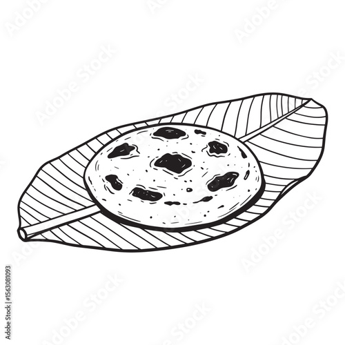 Hand-drawn sketch of a traditional indian pancake served on a banana leaf isolated