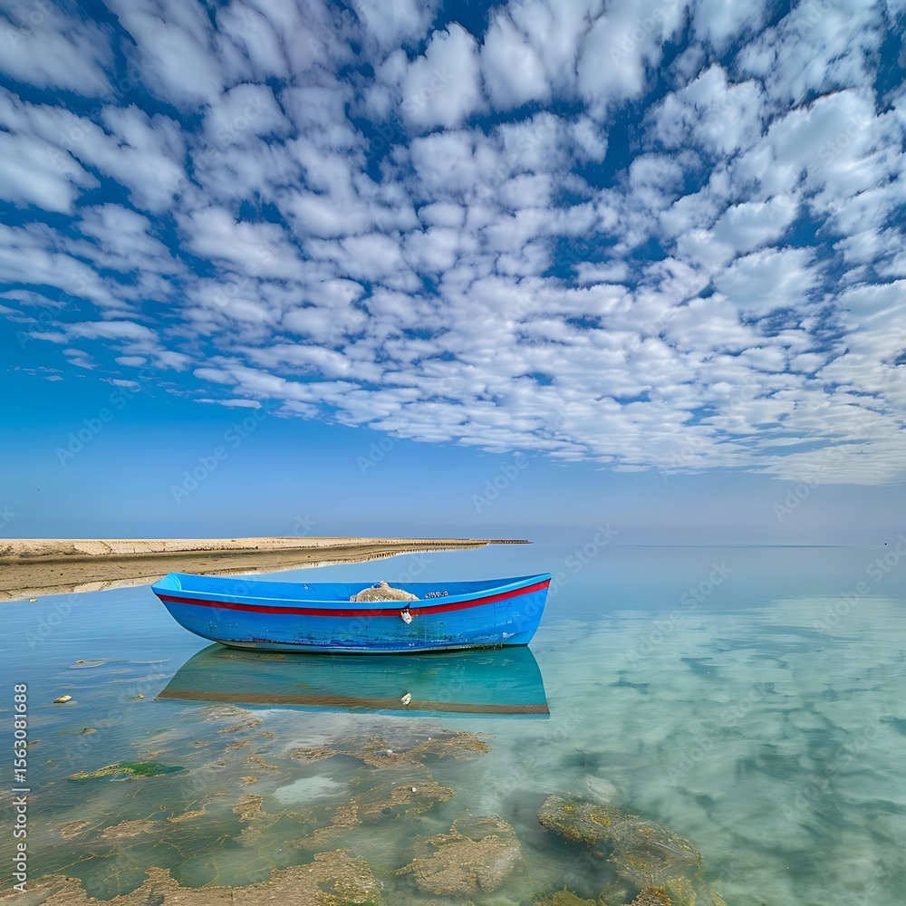 Naklejka premium A serene seascape featuring a blue boat resting on calm waters under a cloudscape