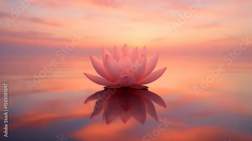 A pink lotus flower floats serenely on calm water, surrounded by a soft, colorful sunset sky.