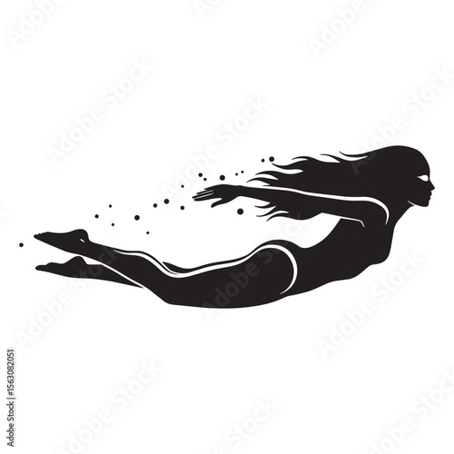 Silhouette of a woman swimming underwater with flowing hair and a sense of motion