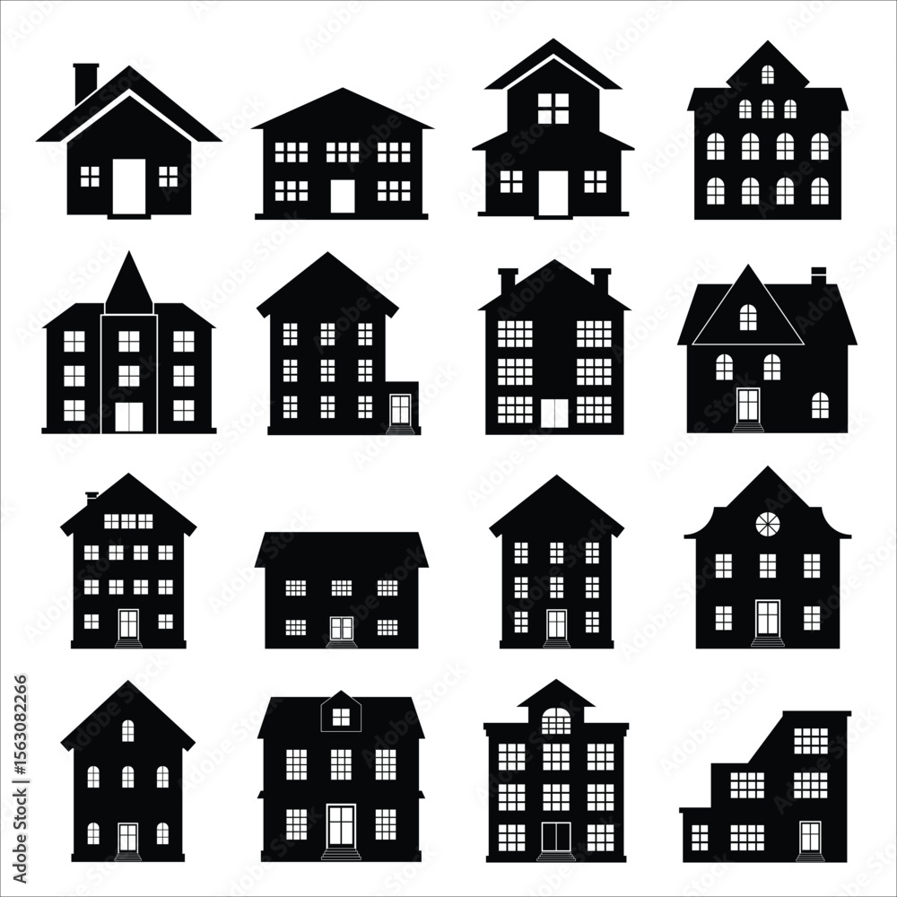 Fototapeta premium Set of houses. House icon. House set black and white vector design