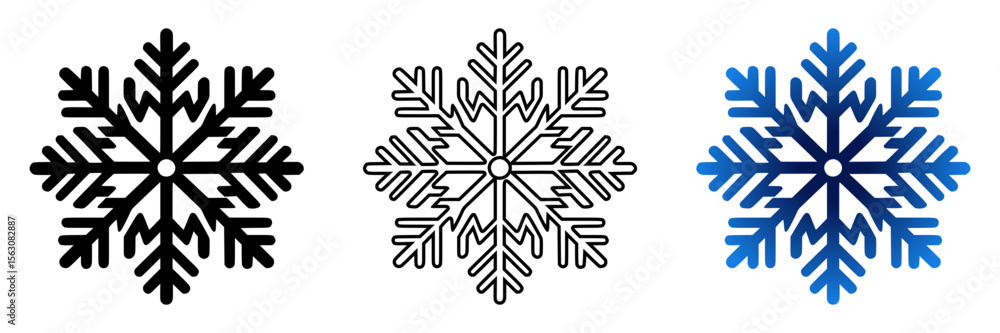 Snowflakes in various styles and colors icon in three design variants - silhouette, outline, and blue gradient design, icon set Snowflakes in various styles and colors icon in three design variants - silhouette, outline, and blue gradient design, icon set