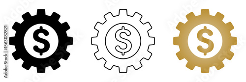 Dollar sign icon in gear shapes with black, outline, and gold gradient colors, icon set  